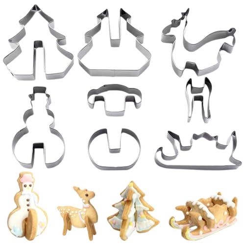 DOKRIN Moldes para galletas,8 cortadores de galletas navideños 3D de acero inoxidable (muñeco de nieve, alce, trineo y árbol de Navidad)