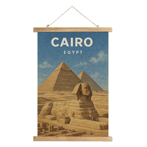 WREVERW Vintage Cairo Egypt Wall Art Poster, Sphinx and Pyramids Cityscape Canvas Hanging Scroll with Wooden Frame, Travel Decor for Living Room Bedroom Office, 16x23 Inch