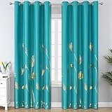 Estelar Textiler Teal Blackout Curtains 84 Inches Long, Grommet Curtains with Gold Palm Tree Pattern, Light Blocking Thermal Insulated Window Drapes for Bedroom, 52Wx84L, 2 Panels
