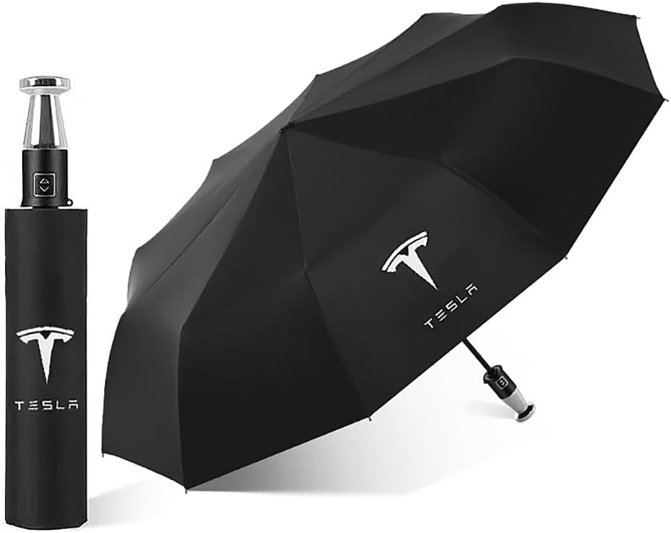 Tesla Auto Folding Umbrella with Logo, Waterproof, Windproof Sunshade, Travel Gear, Gifts for Men and Women, and Festival Merchandise
