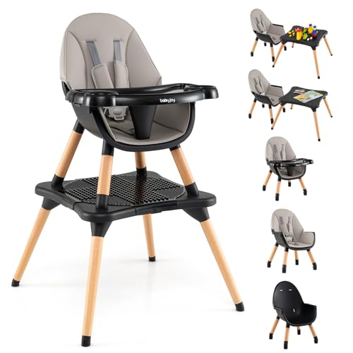 Image of BABY JOY 6 in 1 High Chair, Convertible High Chairs for Babies and Toddlers/Booster Seat/Table and Chair Set, Infant Wooden Highchair w/ 5-Point Harness, 4-Position Removable Tray & PU Cushion (Black)
