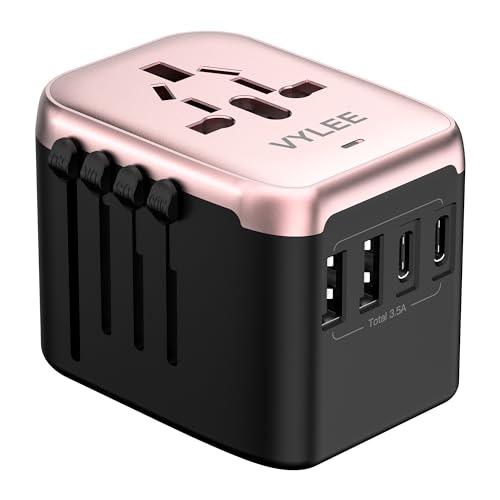 Image of VYLEE Universal Travel Adapter, 5 in 1 International Power Adapter with 3.5A 2xUSB-A & 2xUSB-C Ports, Travel Plug Adapter Worldwide for Europe USA UK AUS Travel Essentials (Rose Gold)