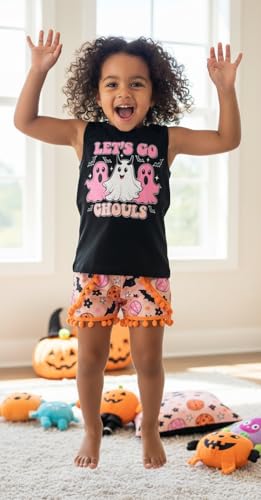 Image of Unique Baby Girls Toddler Big Kid Sleeveless Tank with Pom Pom 2pc Shorts Set Outfit