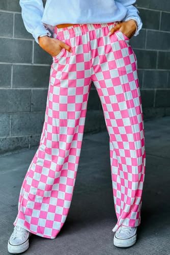 Fronage Women's Checkered Wide Leg Pants High Waisted Stretch Lounge Long Pant Fashion Y2k Streetwear Trousers with Pockets2