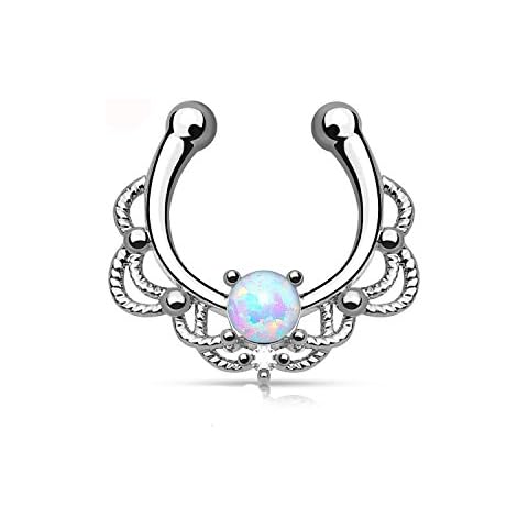 False septum (nose) piercing ring in silver-plated brass and synthetic opal - clip Cover