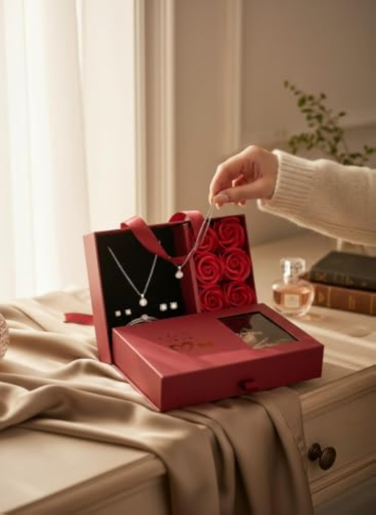 Rose Flower Jewellery Gift Box with Ribbon Handle, Red