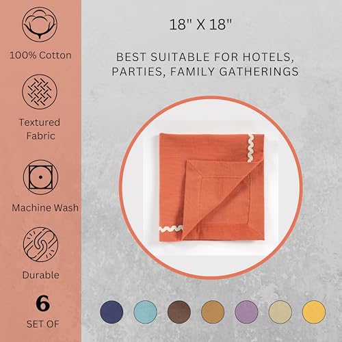 Image of FINGERCRAFT Cloth Napkins Set of 6, 18x18 Inch, 100% Cotton Table Napkins with RIC Rac Scallop Lace Trim, Reusable Washable Dinner Napkins for Wedding, Party, Dining & Home Decor (Rust)