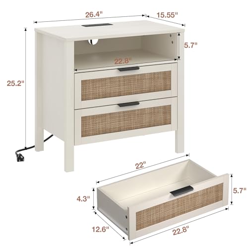 HOMMPA Rattan Night Stand with Charger Station, 26'' Wide Boho Nightstand with 2 Drawer, Modern Bedside Table with USB Port & AC Outlet, Bed Side End Table Dresser with Open Shelf for Bedroom, Beige — view 2