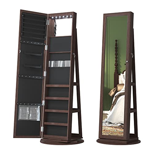 Lvsomt 360° Swivel Jewelry Cabinet With Full-Length Mirror, Lockable Jewelry Organizer, Tall & Large Freestanding Mirror Jewelry Armoire, Mirror With Jewelry Storage, Rear Storage Shelves(Dark Brown) #TOP7