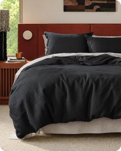 Image of Bedsure Cotton Duvet Cover Set - 100% Cotton Waffle Weave Black Duvet Cover Oversized King Size, PureWoven Breathable Bedding Set for All Season, 3 Pieces, 120 inchx98 inch