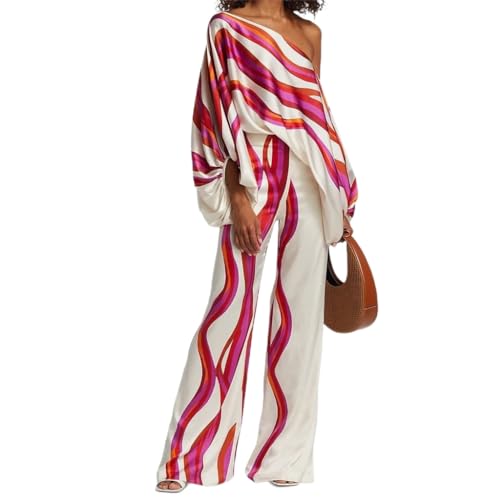 Conjunto de 2 piezas para mujer, casual, con hombros descubiertos, pantalones largos, traje de viaje de primavera 2023, trajes holgados con estampado, Rosa Roja, XXL
