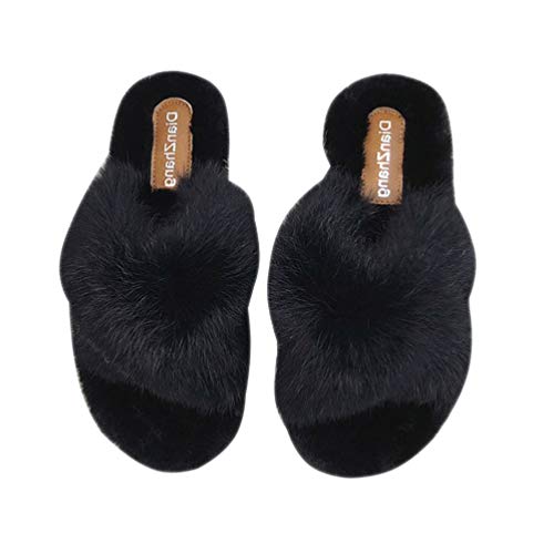Chtom Faux Fur Slipper Cross Over Open Toe Fluff Mules Slippers Winter Plush Shoes for Ladies Girls (Color : Black, Size : 3)