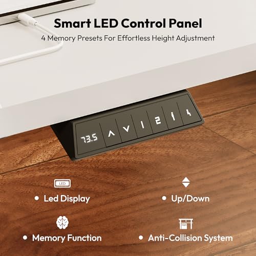 SANODESK Electric Standing Desk ONE PIECE 110 * 54 Height Adjustable Desk With Memory Smart Panel Sit Stand Table With Hooks and Cupholder for Home Office (White Frame+White Desktop) - Image 3
