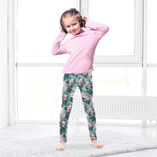 Girls' Athletic Leggings Ankle Length Yoga Dance Pants Kids Teen 4T Strawberry Flower Green4