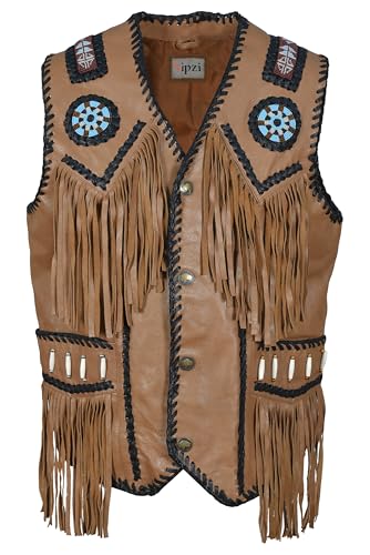 Image of Men's Western Cowhide Suede & Leather Vest - Beaded Fringe Yoke & Back Native-Inspired Cowboy Biker Vest