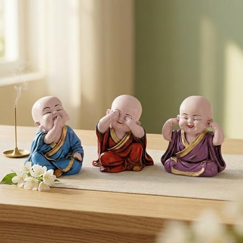 Image of eCraftIndia Resin Blue, Red & Purple Think No Evil, Speak No Evil, Hear No Evil Set of 3 Cute Little Monk Buddha Statues Decorative Showpieces for Car Dashboard, Home & Office Decor