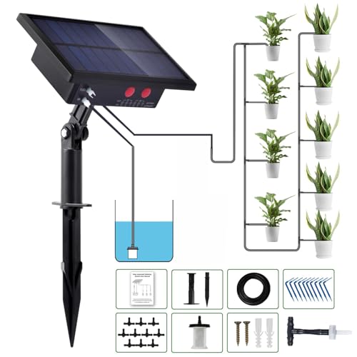 12 Timer Modes Solar Drip Irrigation System - Auto Drip Irrigation Kits with Anti-Siphon Supports 20-30 Pots, Solar Powered Garden Watering System for Indoor & Outdoor Plants, 3W, 65.6 FT
