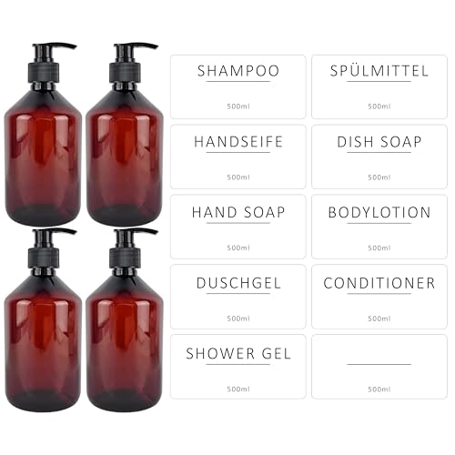 ISOLATECH 4er Set 500ml Badezimmer Seifenspender Flaschen Set mit schwarzer Dosierpumpe - Braune PET Leere Flaschen, Nachfüllbar für Duschgel, Shampoo, Bodylotion - Inkl. 10 Etiketten