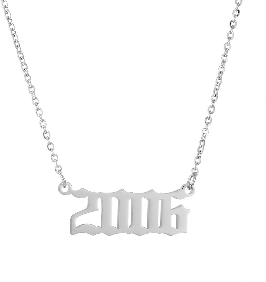 SKQIR Birth Years Necklace,Initial Year Number Pendant Necklace Birthday Gift Charm Friendship Old English Arabic Mumerals Stainless steel Necklace Jewelry for Women Girl