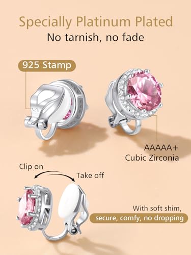 FindChic 925 Sterling Silver Non-Pierced Stud Earrings Round Birthstone Clip-on Earrings for Women Girls Sparkling Zirconia/Moonstone Studs, with Gift Box4