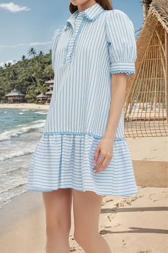 Image of EZAPINE Women Striped Shirt Dress Summer Button Down Collared Short Puff Sleeve Ruffle Hem Casual Flowy Mini Dress