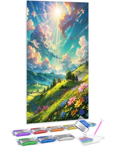 Pintar con diamantes un gran paisaje de flores para decorar tu salón con Jumpdot