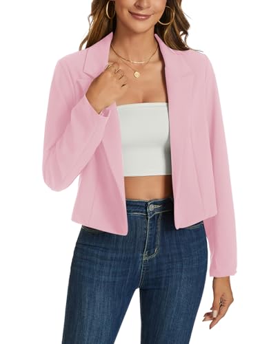 MINTLIMIT Womens Cropped Blazer Casual Long Sleeve Open Front Short Blazers Lightweight Work Office Jackets, Pink