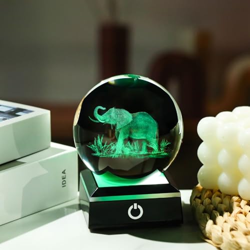 Image of 3D Crystal Ball Elephant Gifts for Women Men Adults Decor for Home Snow Globe Ornament with LED Base Night Light, Laser Etched Glass Elephant Figurines Friendship Gifts for Her Mom Friend