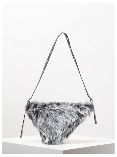 MakeMeChic Women's Faux Fur Top Handle Triangle Shoulder Handbag Teddy Plush Purse Y2K Tote Bag3