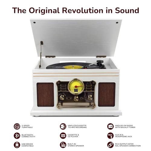 Image of FEKTIK Bluetooth Record Player 10 in 1,FEKTIK 3-Speed Turntable for Vinyl with Speakers, LP to MP3 Converter, CD, Cassette Player, FM Radio, Wireless Streaming | White