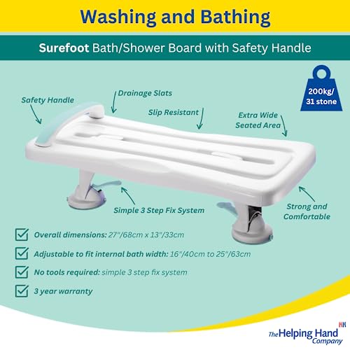 Helping Hand Company Surefoot White Plastic Shower/Bath Board with Handle and Locking Feet. Shower Board for Elderly & Disabled. Adjustable to Fit 16-25 Width Baths. 200kg / 31 Stone Weight Limit