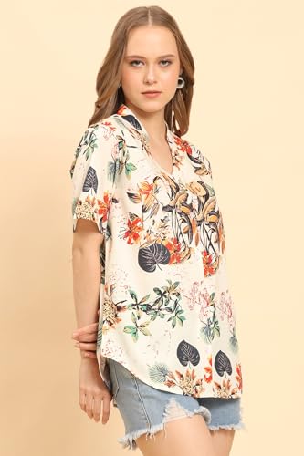 Image of Womens Casual Shirt Soft Beach Shirts Floral Tropic Print V Neck T-Shirt Short Sleeve Button Up Tops (WMS1 Cream M)