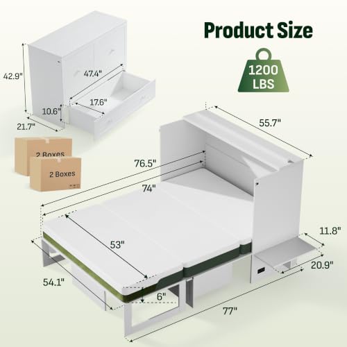Image of Softa Full Murphy Bed Cabinet with 6 inch Tri-Fold Mattress, Storage Drawer & Charging Station, 1200 Lb Heavy Duty Wood Wall Bed with Fold-Down Desk for Guest Room & Home Office, No Box Spring Needed