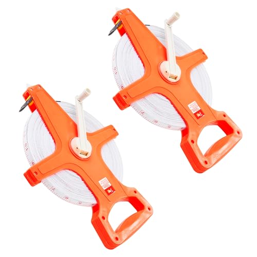 Fiberglass Tape, 2 Pack Thickened ABS Shell Open Reel 100ft Tape Measure with Dual-Sided Scale and Effort-Saving Handle, Accurate Waterproof Fold-Resistant Metric Measuring Tape for Yard and Field