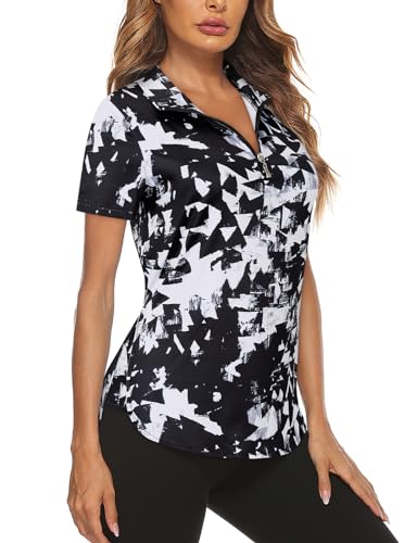 Gemulate Ladies Colourful Short Sleeve v Neck Tops Golf Clothing Womens Collared Tops Summer t Shirts Sports Tshirt Black Geometry XL