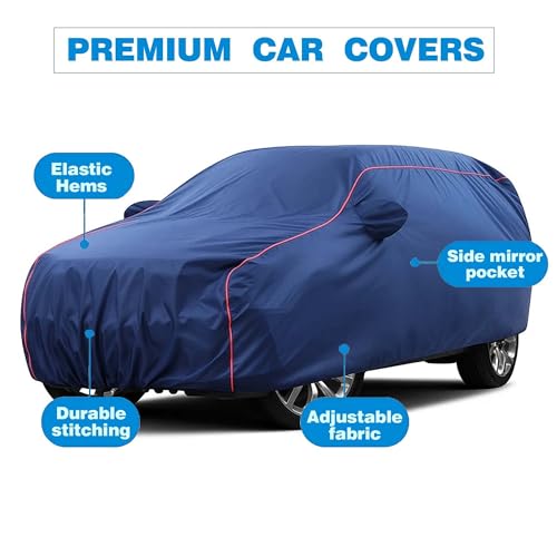 Image of Sulfar 100% Water Resistant Car Body Cover Compatible with Mirror for Maruti Suzuki Old Wagonr (Triple Stitched, Full Bottom Elastic, Blue Taffeta with Red Piping)