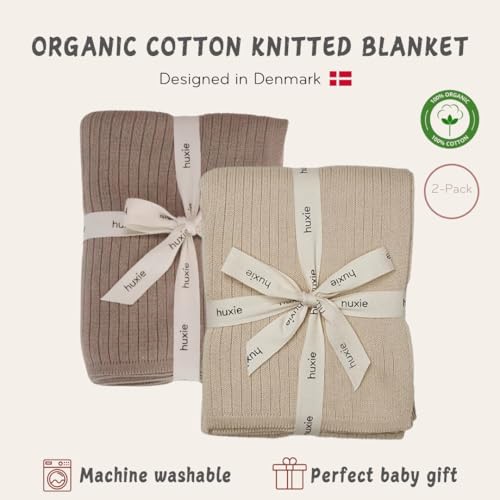 Image of 100% Organic Cotton Knit Receiving Baby Blanket for Newborns - Soft, Breathable Blanket for Crib & Stroller - Nursery Gift 2-Pack (Fog /Mochachino)