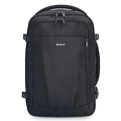 ECOHUB Mochila de Viaje Cabina Avion 40x30x20 Ryanair con 13 Compartimentos para Mujer y Hombre, Maleta Debajo del Asiento, Equipaje de Mano 20L, Recicladas, Patentado, Negro