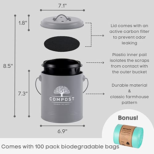 PERFNIQUE Compost Bin - 1.3 Gal Countertop Composter with Lid, Indoor Compost Bucket with Inner Liner and Carbon Filter, Grey