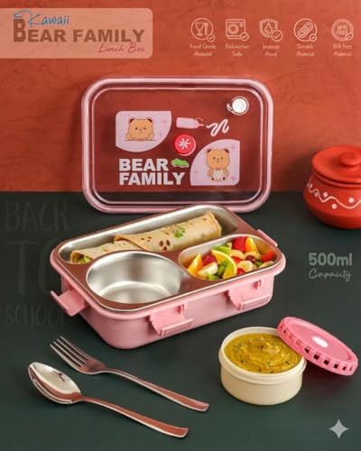 Image of KAVANA Lunch Box 3 Compartment Leak-Proof BPA Free Stainless Steel, Lunch Box for Kids, Lunch Box for School & Office with a Fork, a Spoon (Blue), 750 ml (Pink)
