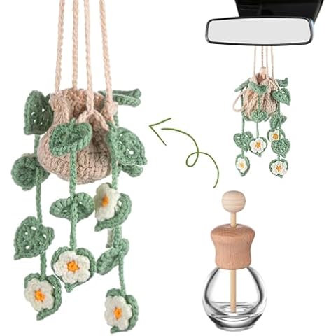 DaisyInner Crochet Car Air Freshener 12ml Empty Refillable Car Diffuser Bottle with Cute Potted Plants Crochet Hanging Plant Crochet Car Mirror Hanging Accessories Essential Oil Diffuser(Daisy) Cover