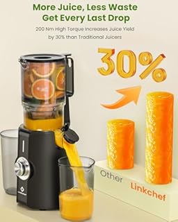 LINKChef Cold Press Juicer Machine, 4.53" Wide Chute for Whole Fruit & Vegetable, 200W Electric Slow Masticating Juicer with 2 Cups, High Juice Yield, Easy to Clean, BPA-Free, Black
