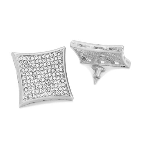 Mens Silver Tone Hip Hop Kite Screw Backs Earrings 11 Row Cz