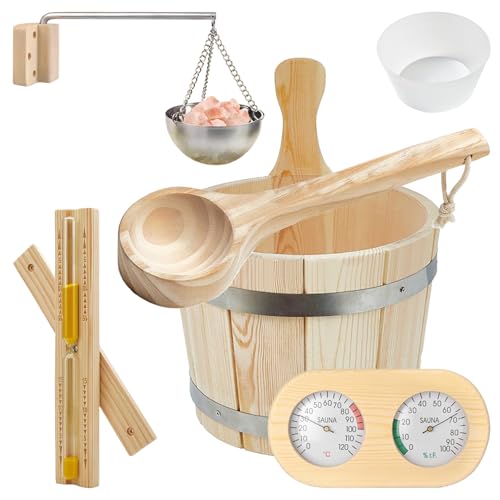 Sauna Eimer Set (5 Liter), Sauna Eimer mit Kelle, Saunakã Bel aus Holz mit Kelle Sanduhr, Thermo, Hygrometer, Schüssel Sauna, Hitzebeständiger Saunakã bel 5L Inkl Einsatz (5L-Advanced)