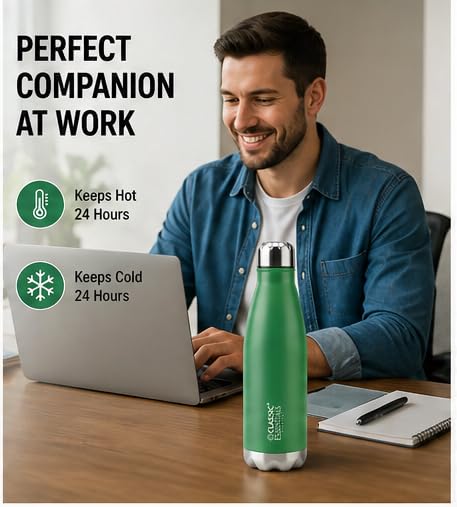 Image of Classic Essentials Insulated Double Wall Vacuum Stainless Steel Water Bottle 24 Hours Hot and Cold,BIS Approved,100% Leakproof Lid,Sweat Proof Water Bottles, Great for Travel Picnic (Green 1000ml)