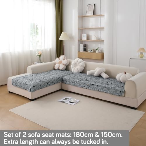 Image of HOKIPO 'Elira Series' Printed Water Repellent + Waterproof Quick Dry L Shape (3+2 Seater) Sofa Seat Cover Mat, Intense Grey Abstract Floral (AR-5249-C2 + AR-5246-C2)