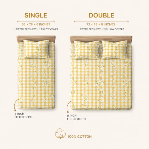 Image of la'amour 100% Cotton Elastic Fitted Bedsheets with 2 King Size Pillow Covers Double Bed with All Around Elastic Supersoft Size - 72 King Sizex78+10 inches Yellow Gingham 200 tc - 220 tc