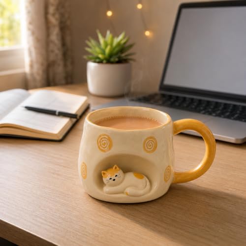 Image of 3D Sleeping Cat Mug with Gift Box | Cute Ceramic Coffee & Tea Cup for Cat Lovers, Women and Girls | 200 ml, Orange