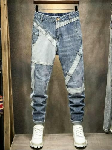 Mens Jeans Retro Blue Spliced Designer Elastic Slim Ripped Jeans Men Vintage Trousers Hip Hop Denim Pants 6