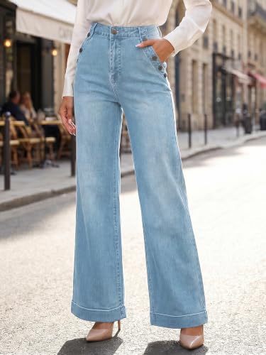 Flowyair Womens Wide Leg Jeans High Waisted Button Casual Denim Pants - image 3